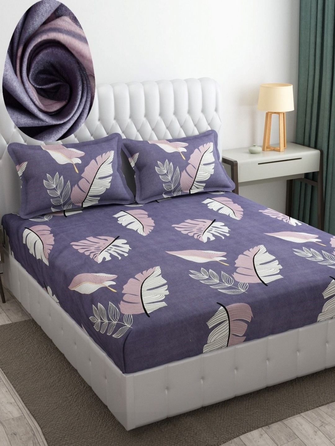 

RIDHAAN Grey & Blue Floral 220 TC Cotton Queen Fitted Bedsheet With 2 Pillow Covers