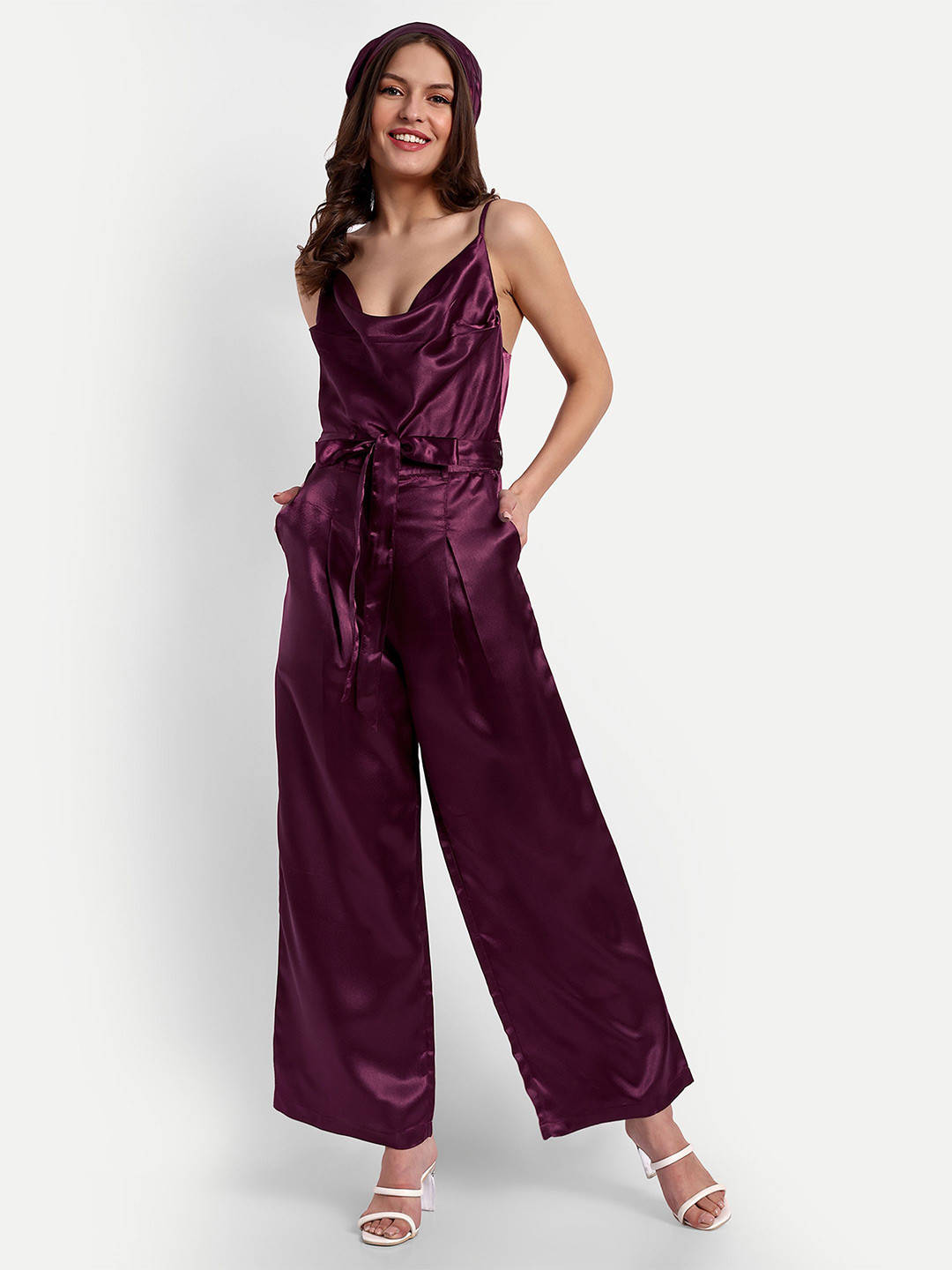 

ESSQUE Cowl Neck Sleeveless Waist Tie-Ups Satin Basic Jumpsuit, Burgundy