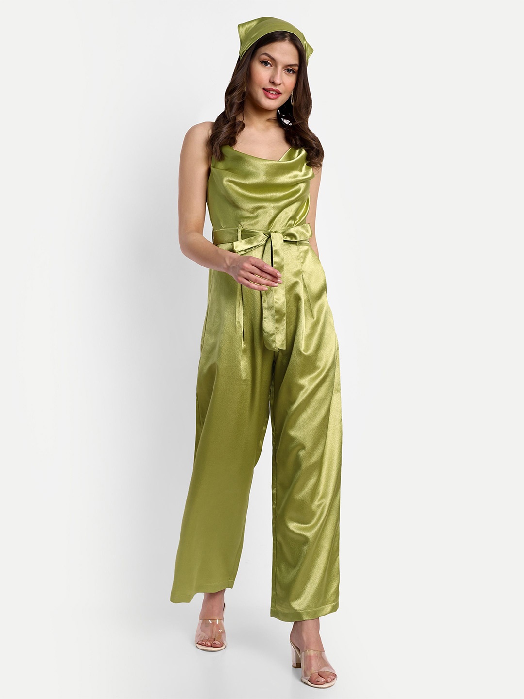 

ESSQUE Cowl Neck Sleeveless Waist Tie-Ups Satin Basic Jumpsuit, Olive