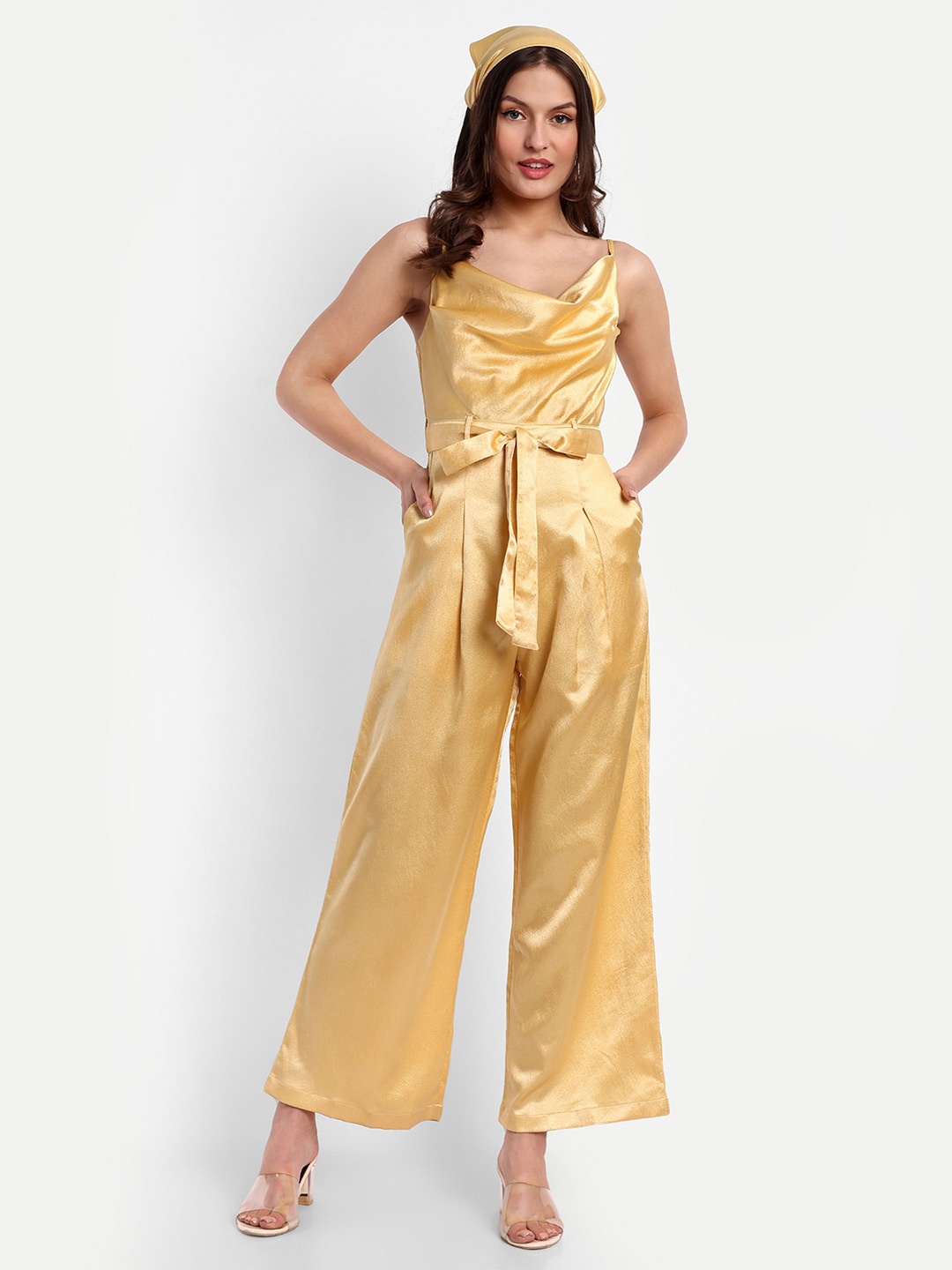 

ESSQUE Cowl Neck Sleeveless Waist Tie-Ups Satin Basic Jumpsuit, Yellow