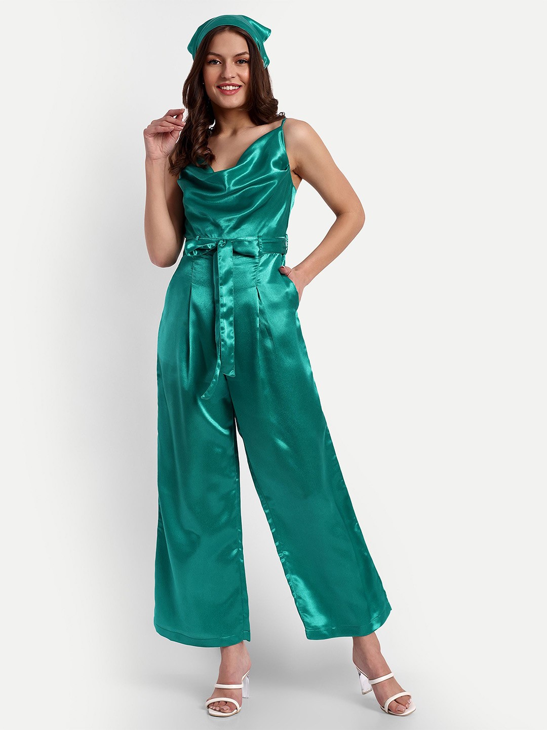 

ESSQUE Cowl Neck Sleeveless Waist Tie-Ups Satin Basic Jumpsuit, Green