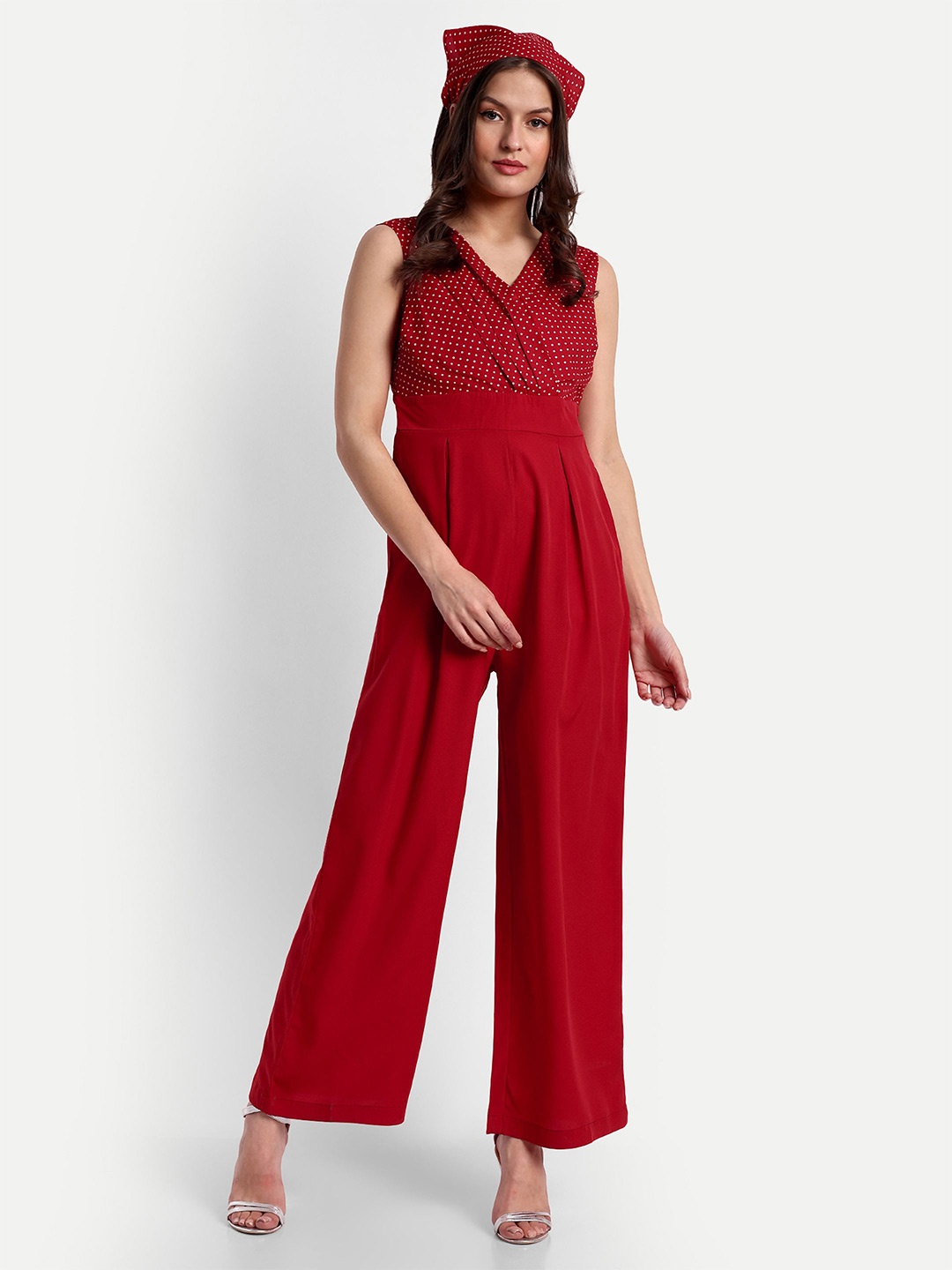 

ESSQUE Polka Dot Printed V-Neck Sleeveless Basic Jumpsuit, Red