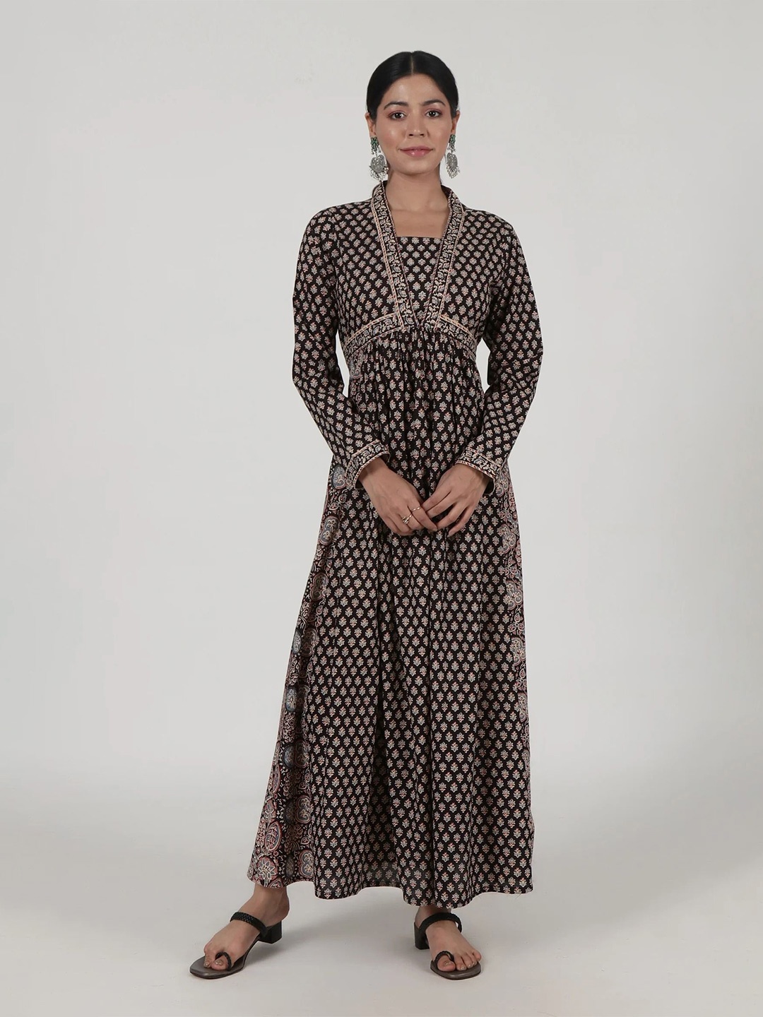 

TJORI Women Ethnic Motifs Cotton Maxi Ethnic Dress, Black