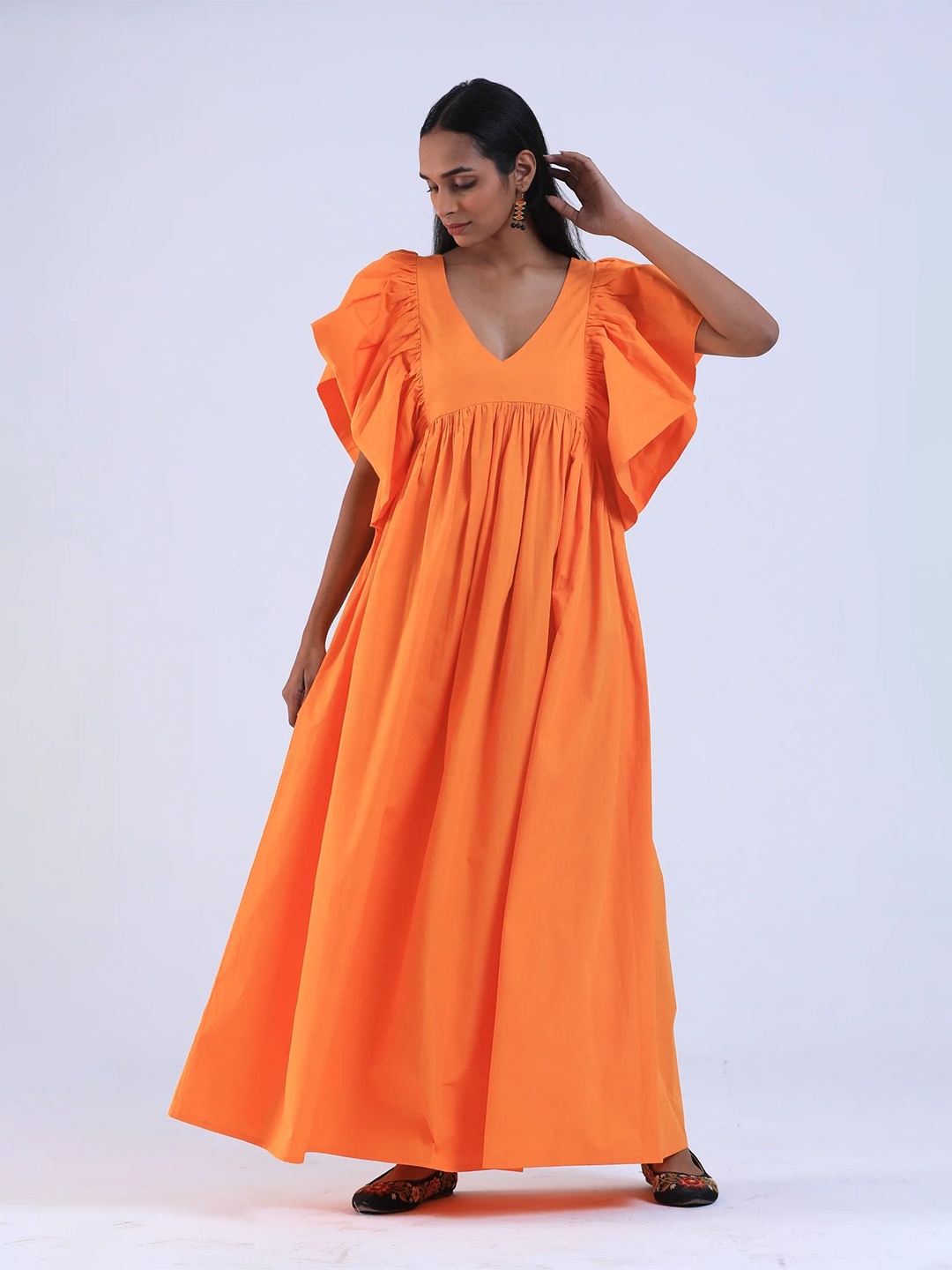 

TJORI Flared Sleeves Cotton Empire Dress, Orange