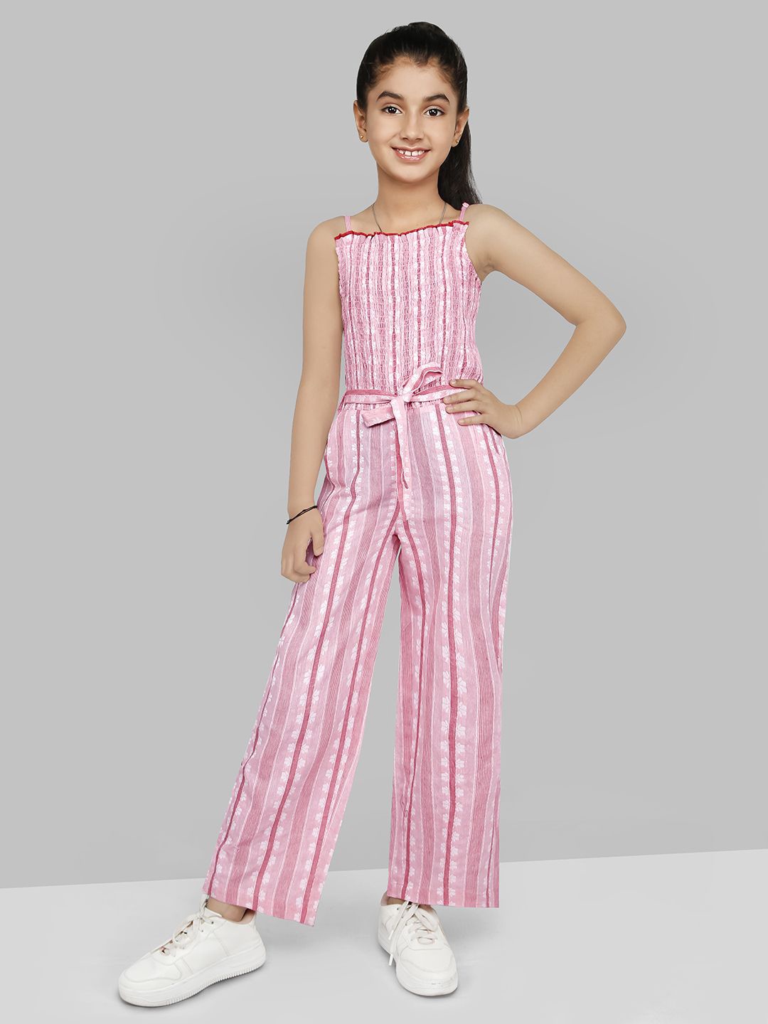 

Naughty Ninos Girls Striped Pure Cotton Basic Jumpsuit, Pink