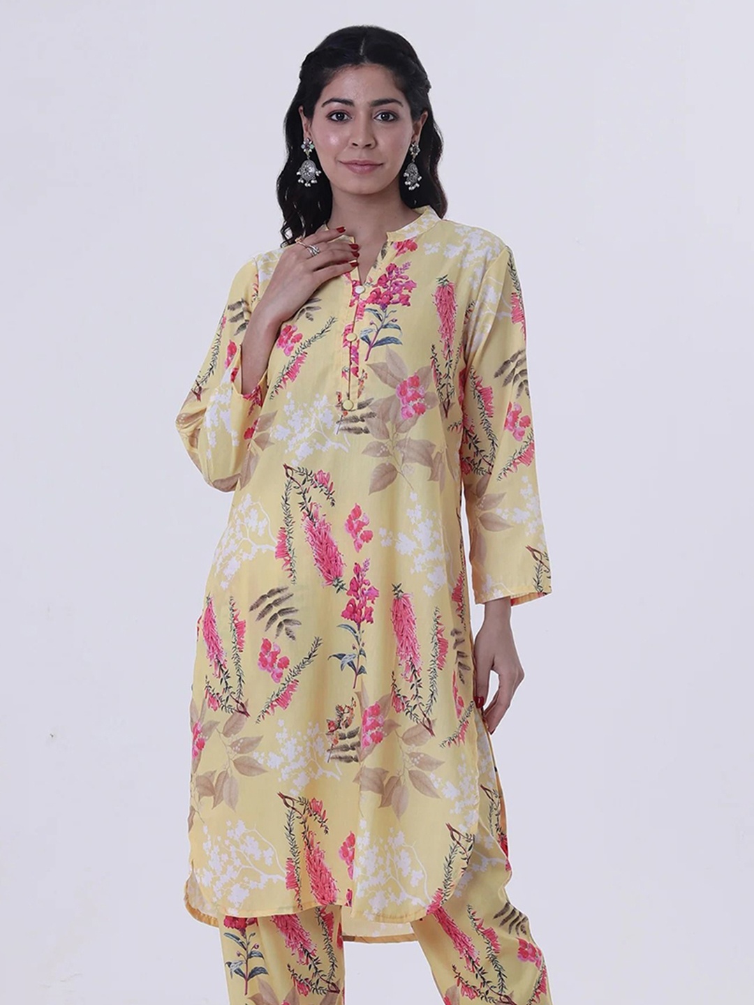 

TJORI Cotton Floral Printed Mandarin Collar Longline Top, Yellow