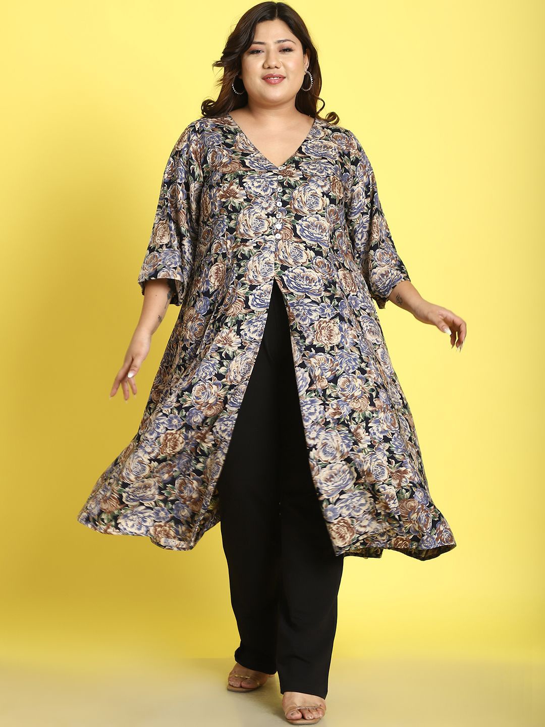 

theRebelinme Floral Printed V-Neck Front Slit A-Line Kurta, Navy blue
