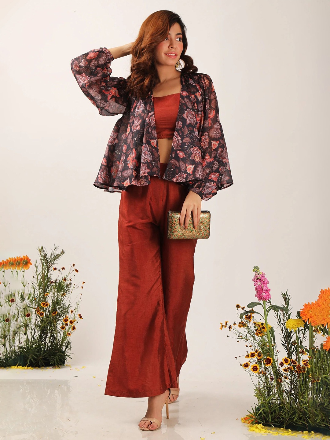 

TJORI Printed Open Front Crop Silk Shrug, Brown