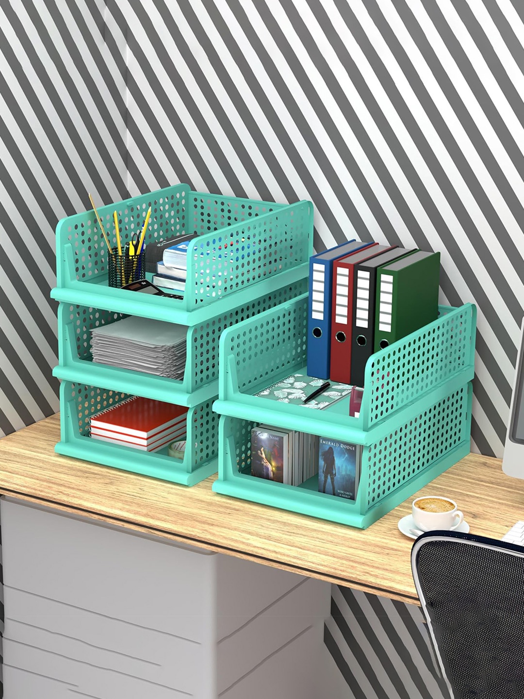 

Kuber Industries Green 5 Pieces Checked Office Desk Organisers