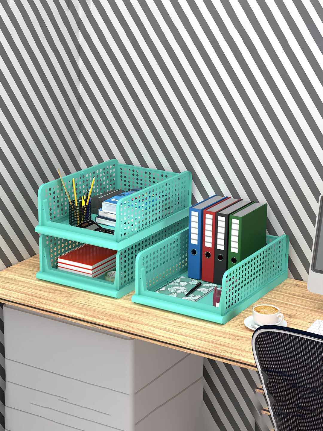 

Kuber Industries Green 4 Pieces Checked Office Desk Organisers