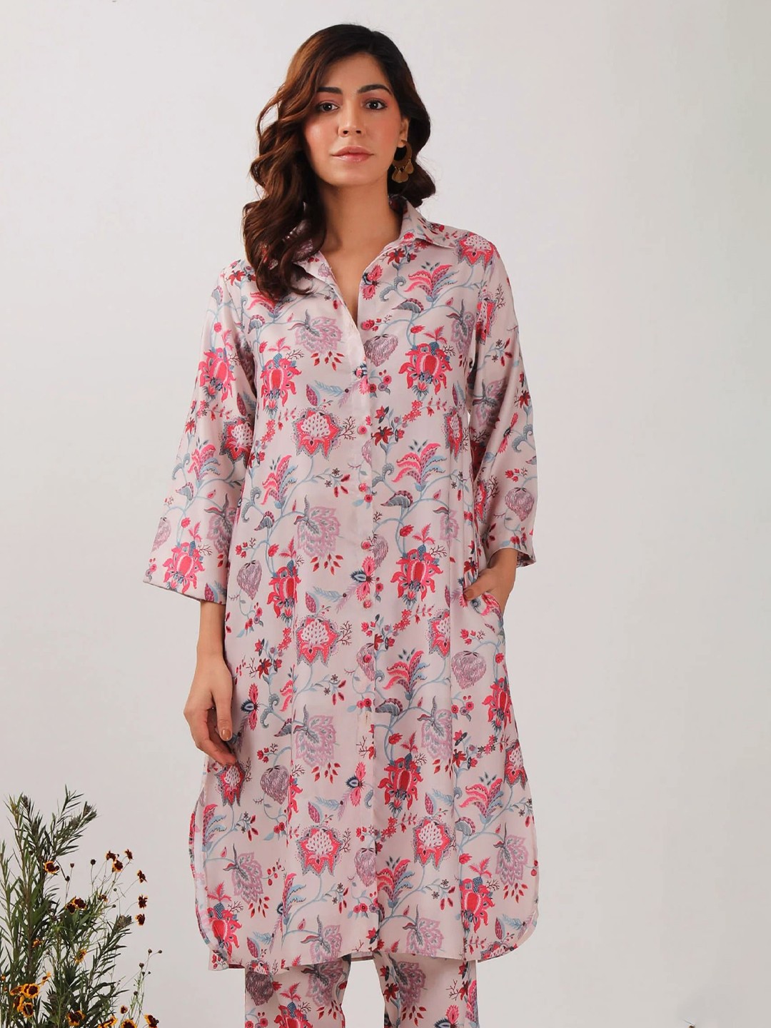 

TJORI Shirt Collar Printed Tunic, Grey
