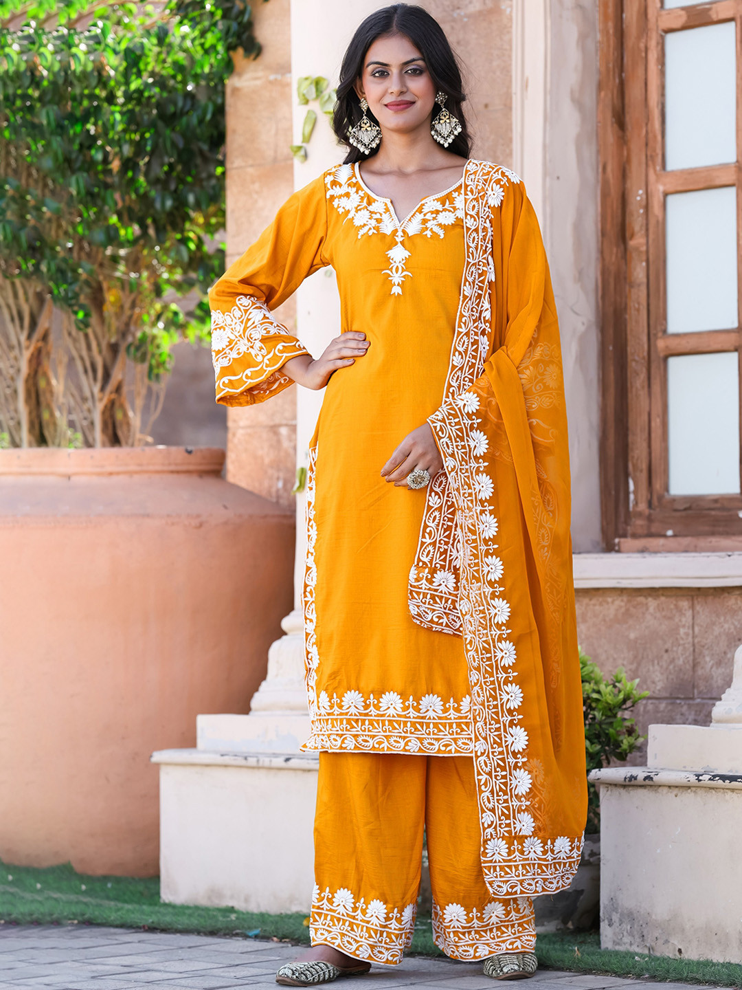 

NIZA FASHION Floral Embroidered Thread Work Silk Straight Kurta With Palazzos & Dupatta, Yellow