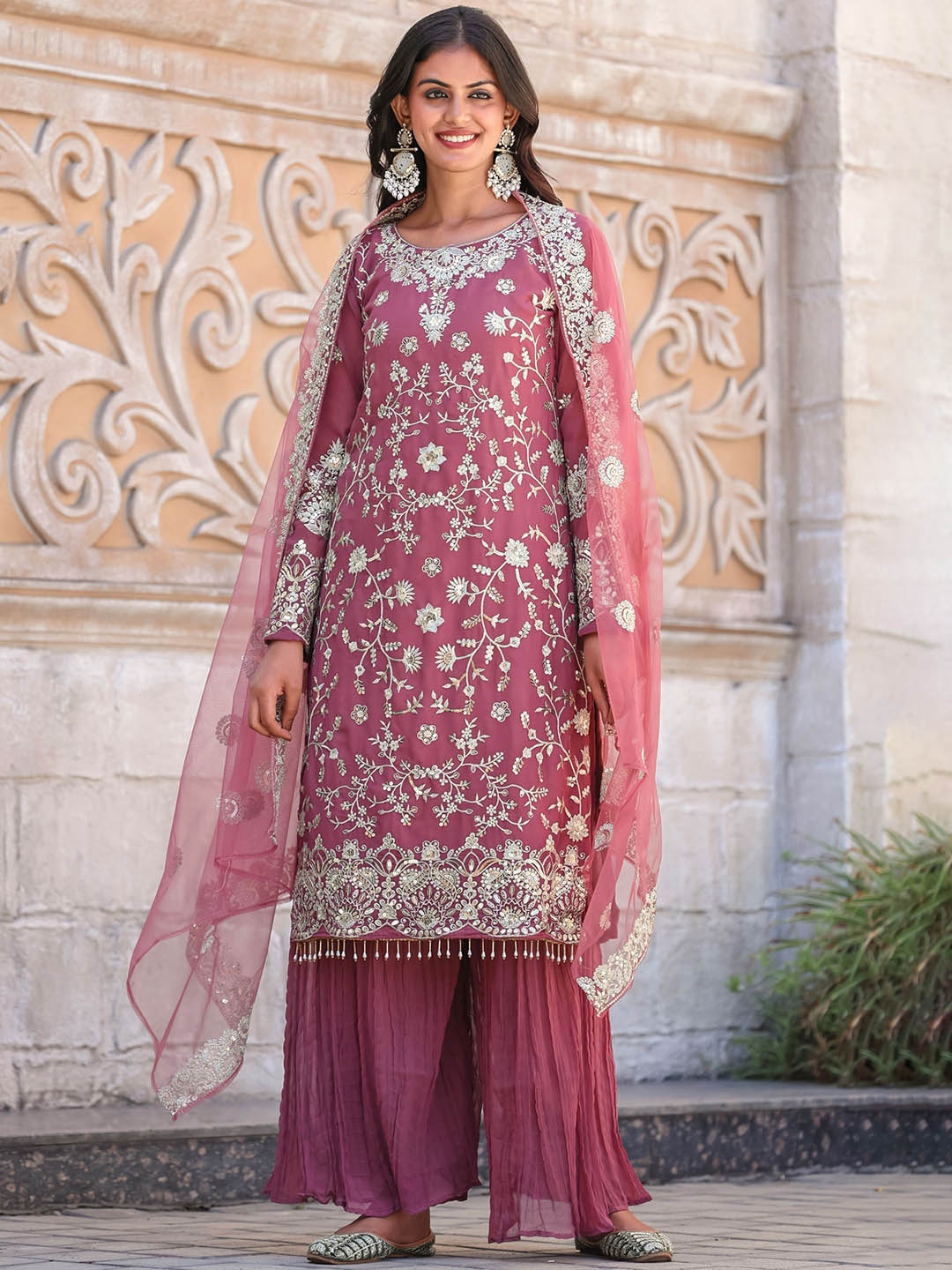 

NIZA FASHION Floral Embroidered Regular Sequinned Straight Kurta With Palazzos & Dupatta, Pink