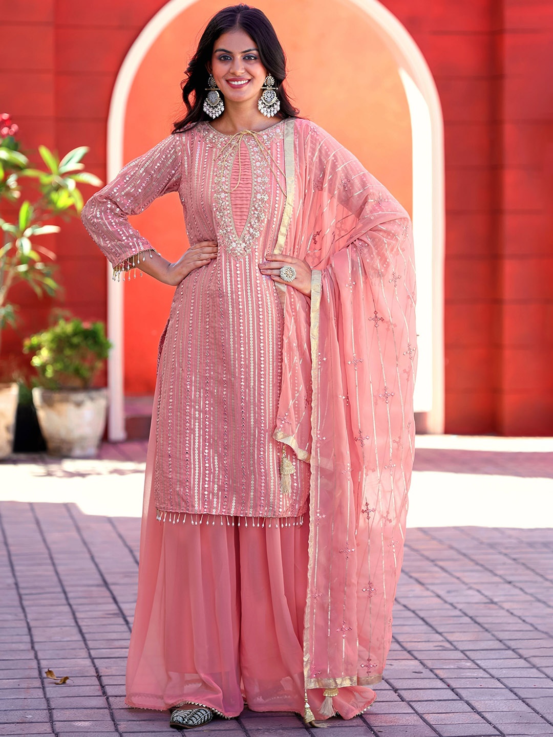 

NIZA FASHION Embroidered Straight Sequinned Kurta with Palazzos & Dupatta, Pink