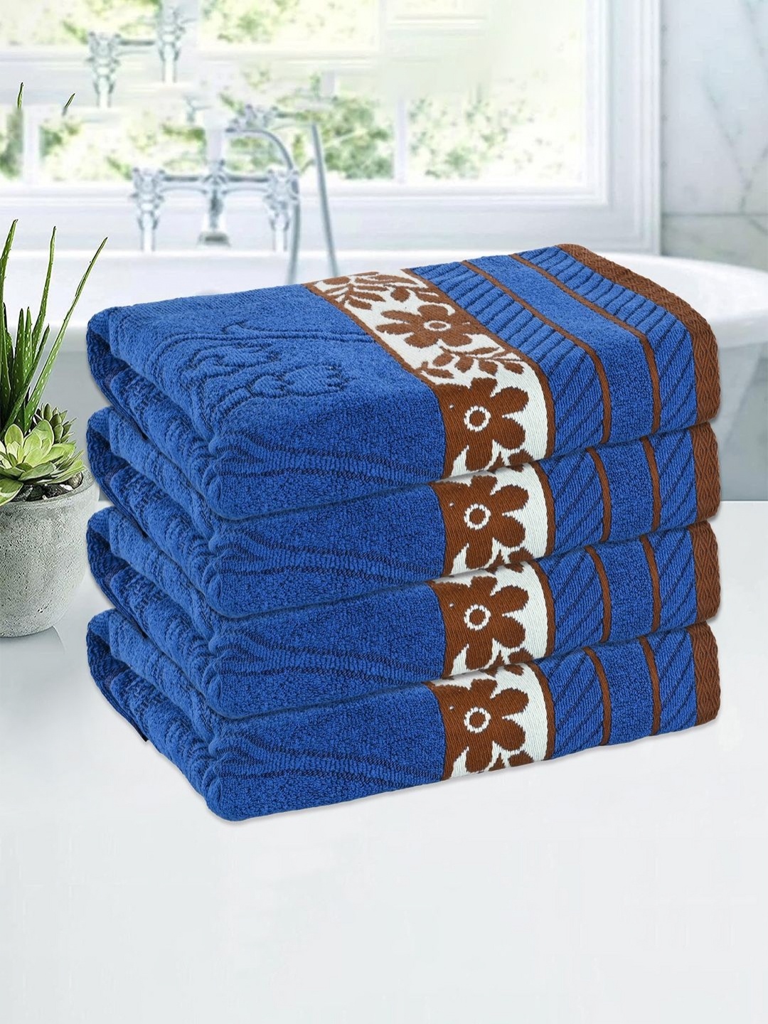 

Kuber Industries Blue & Brown 4 Pieces Printed Cotton 150 GSM Bath Towel