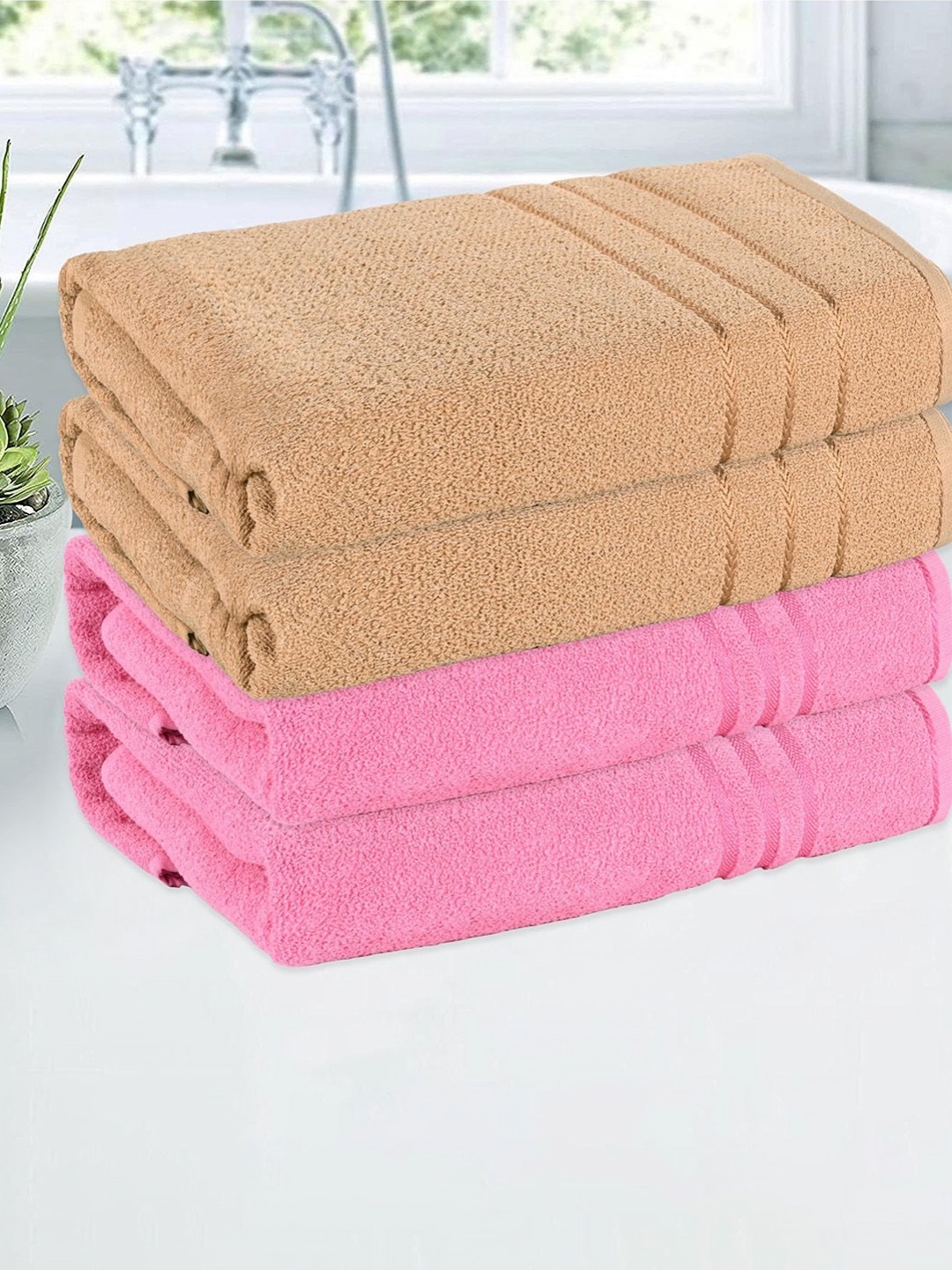 

Kuber Industries Pink & Brown 4 Pieces Striped Cotton 150 GSM Bath Towels