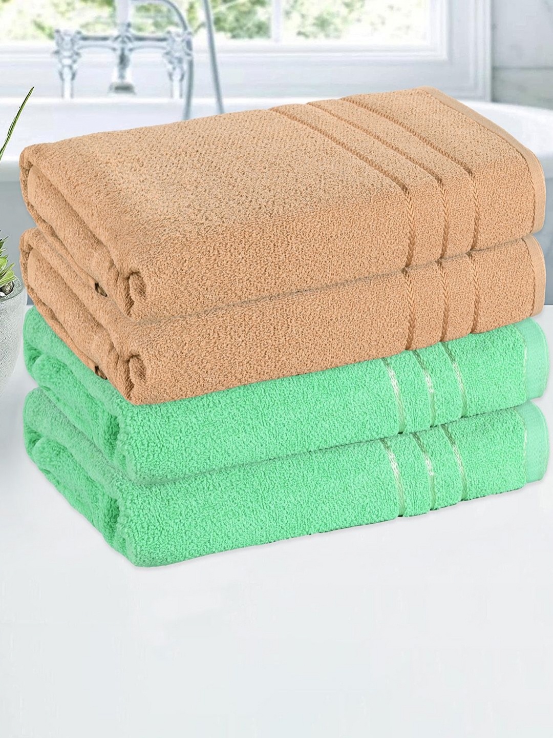 

Kuber Industries Green & Brown 4 Pieces Striped Cotton 144 GSM Bath Towels