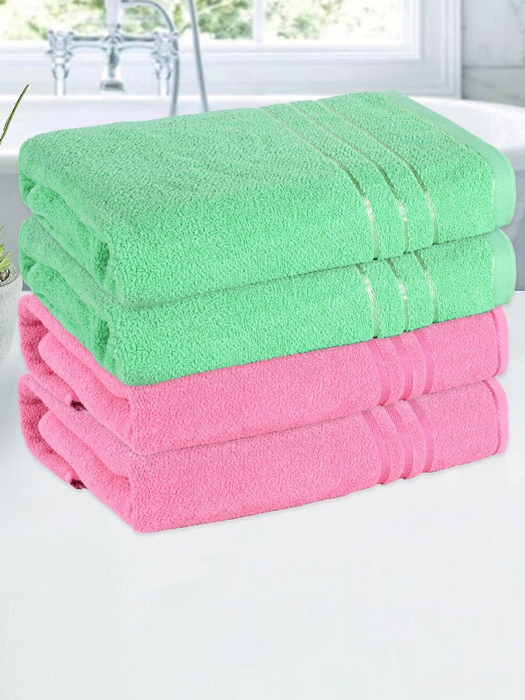 

Kuber Industries Pink & Green 4 Pieces Striped Cotton 144 GSM Bath Towels