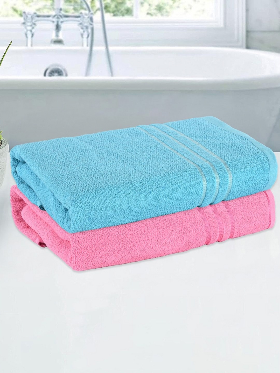 

Kuber Industries Pink & Turquoise Blue 2 Pieces Striped Cotton 150 GSM Bath Towel