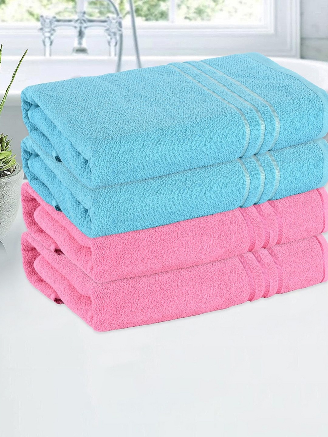 

Kuber Industries Pink & Blue 4 Pieces Striped Cotton 144 GSM Bath Towels