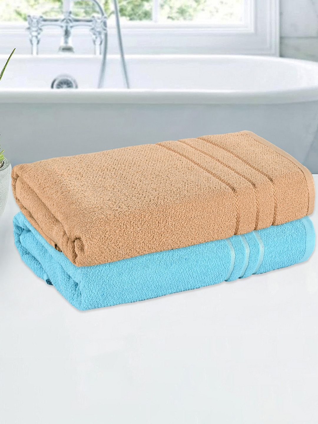 

Kuber Industries Blue & Brown 2 Pieces Striped Cotton 144 GSM Bath Towels