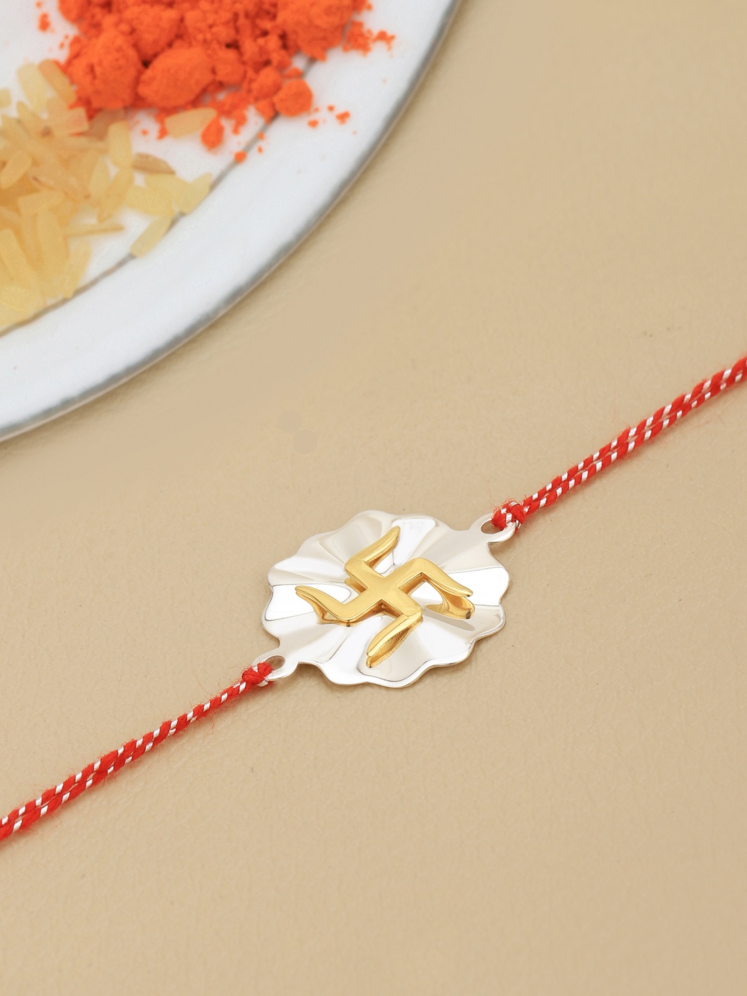 

VANBELLE 925 Sterling Silver 18kt Gold & Rhodium Plated Swastik Thread Rakhi