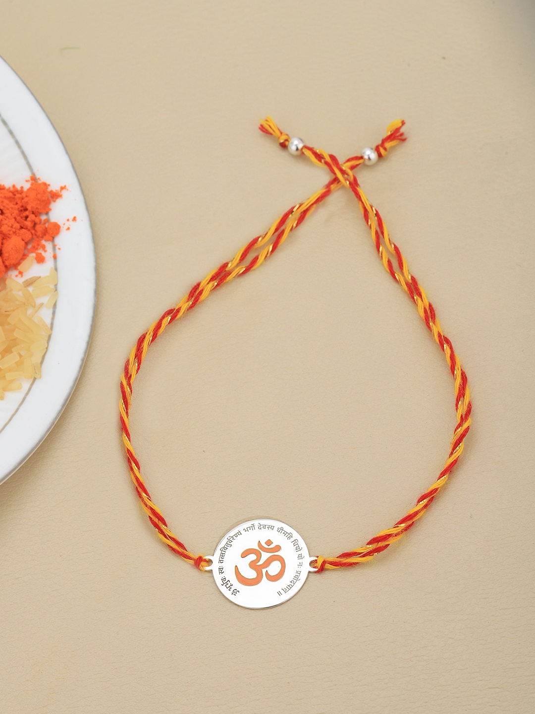 

VANBELLE 925 Sterling Silver Rhodium Plated Enamel OM Thread Rakhi, Orange