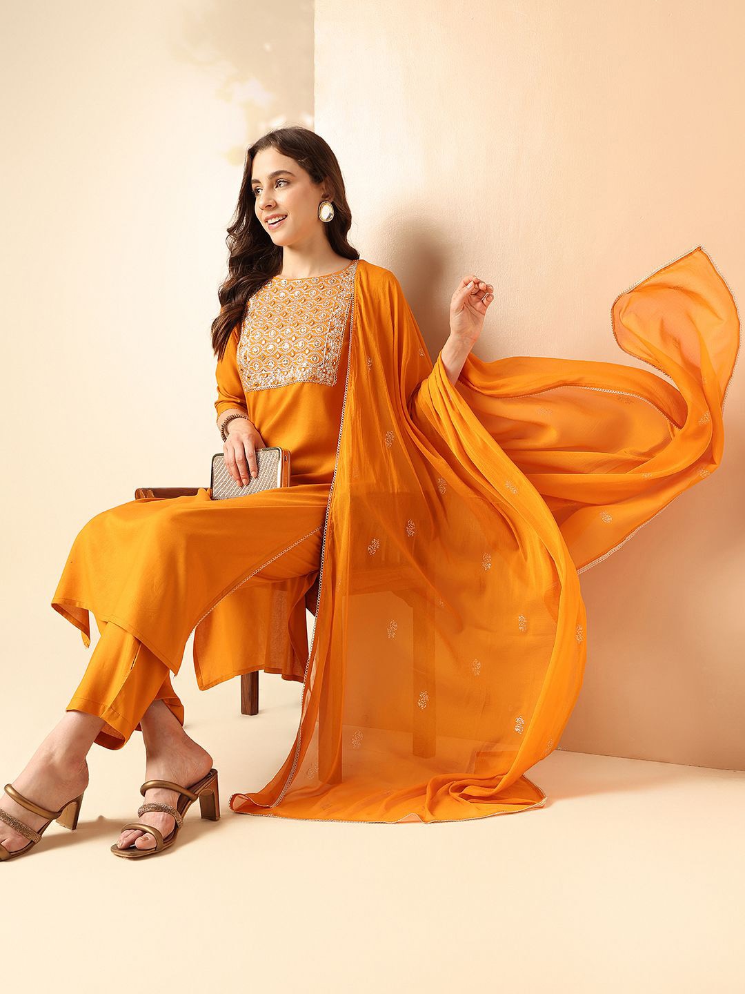 

Anouk Yoke Design Mirror Work Kurta with Trousers & Dupatta, Yellow