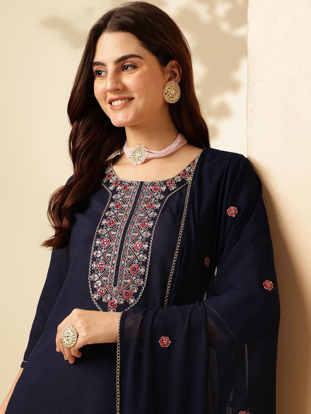 

Anouk Ethnic Motifs Yoke Design Thread Work Straight Kurta With Trousers & Dupatta, Navy blue