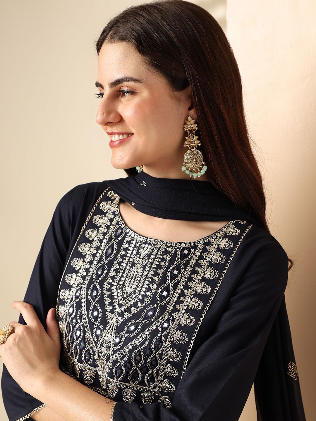 

Anouk Floral Embroidered Mirror Work Straight Kurta With Trousers & Dupatta, Navy blue