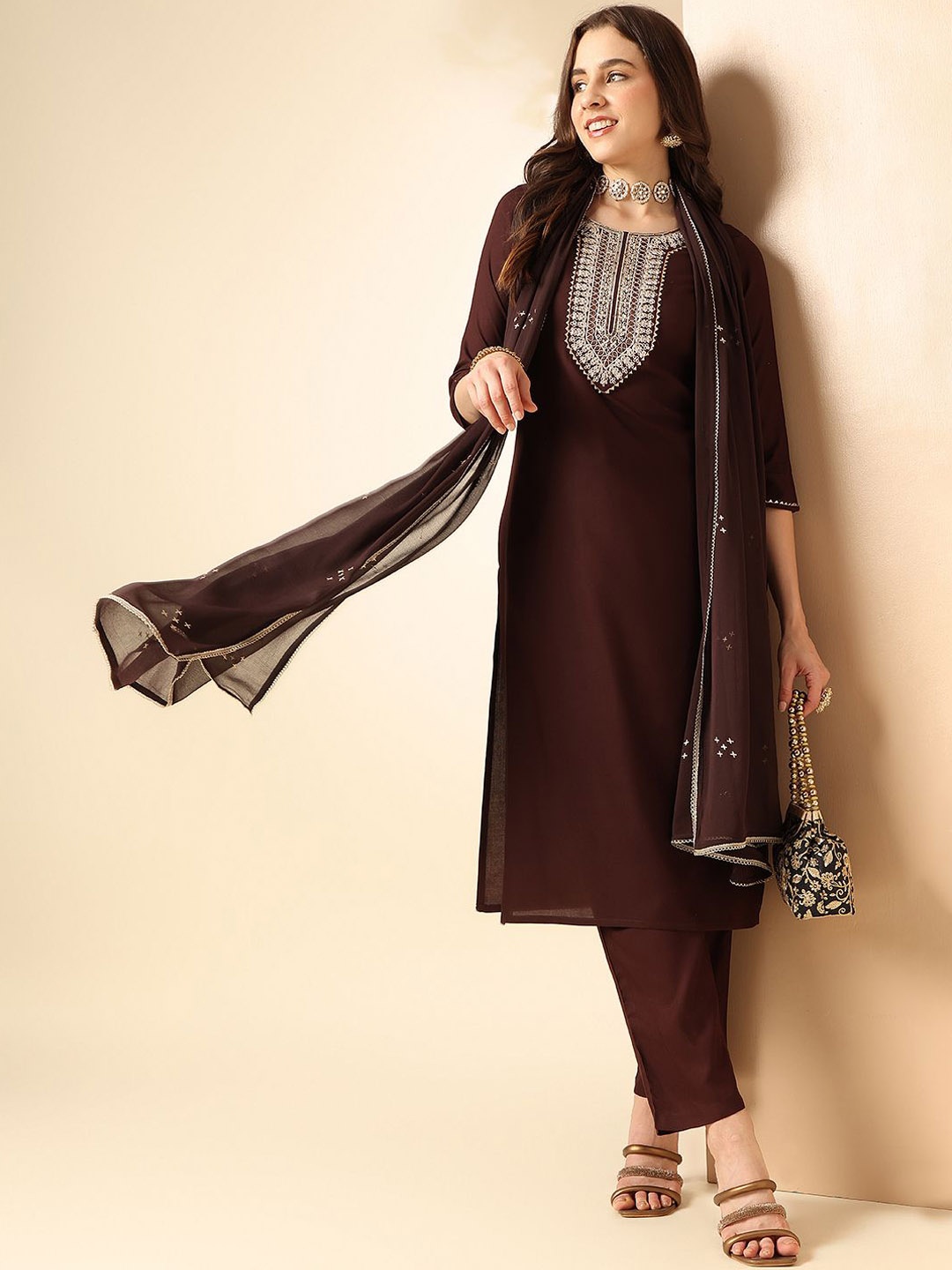 

Anouk Floral Embroidered Regular Kurta with Trousers & Dupatta, Brown