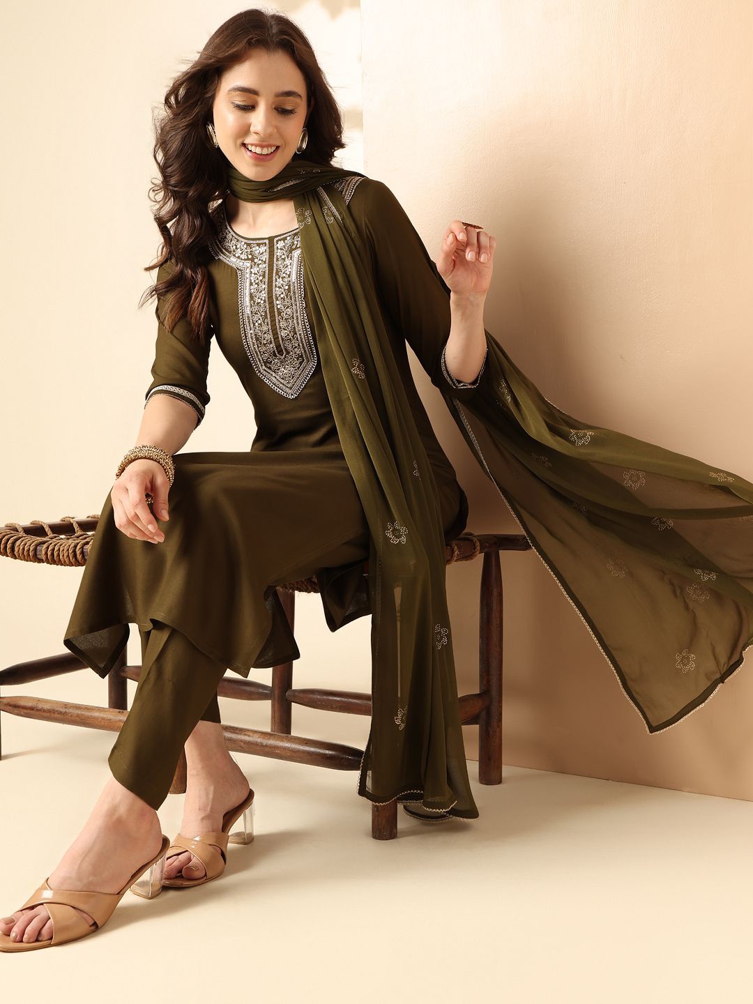 

Anouk Ethnic Motifs Yoke Design Sequinned Straight Kurta & Trousers With Dupatta, Khaki