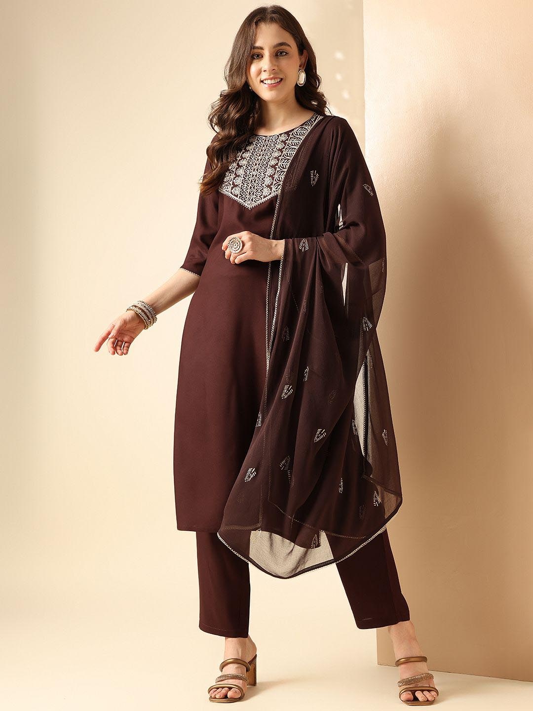 

Anouk Ethnic Motifs Yoke Design Regular Sequinned Kurta with Trousers & Dupatta, Brown