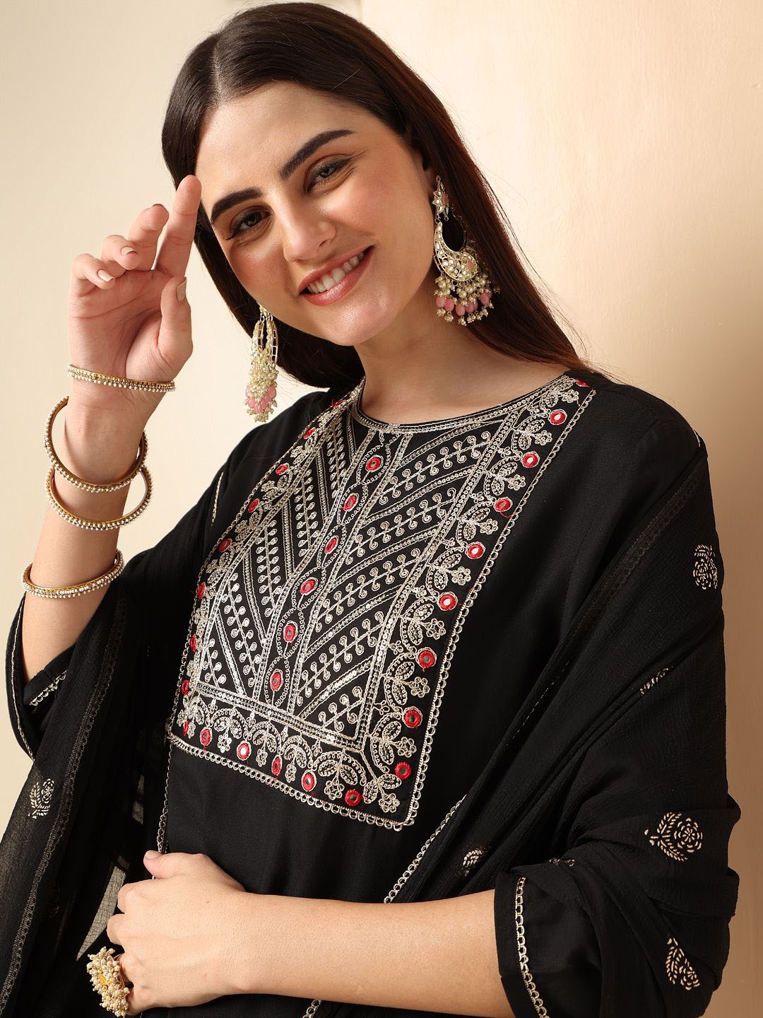 

Anouk Black Ethnic Motifs Yoke Design Regular Mirror Work Kurta With Trousers & Dupatta