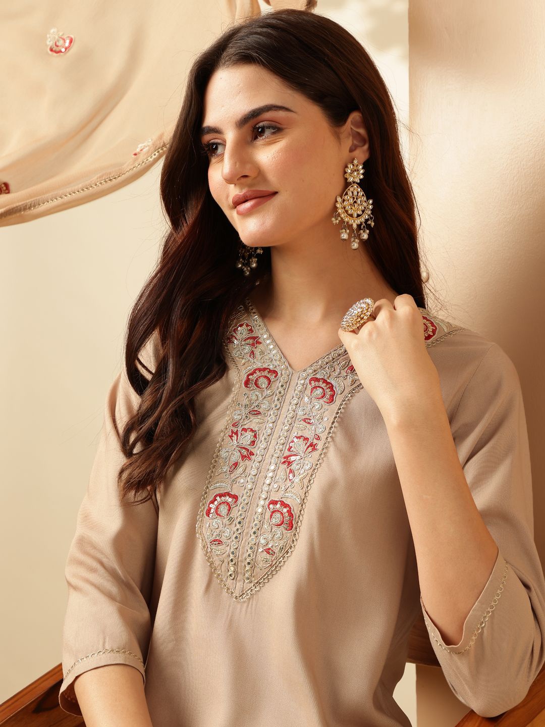 

Anouk Beige Floral Yoke Design V-Neck Thread Work Kurta with Trousers & Dupatta