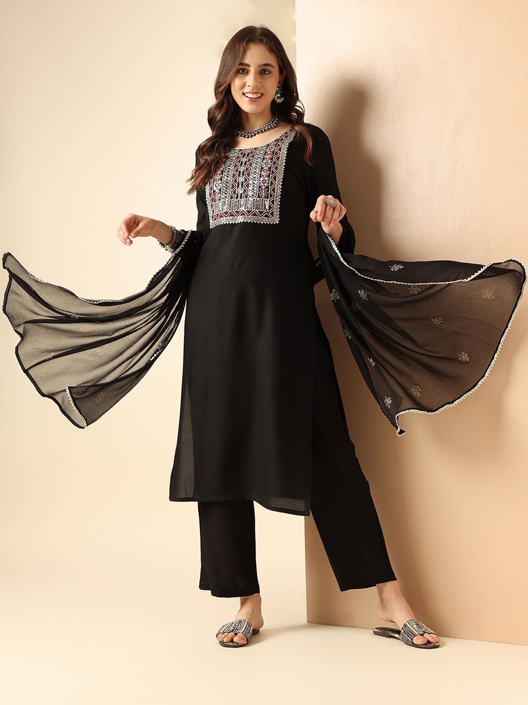 

Anouk Ethnic Motifs Yoke Design Regular Sequinned Kurta with Trousers & With Dupatta, Black