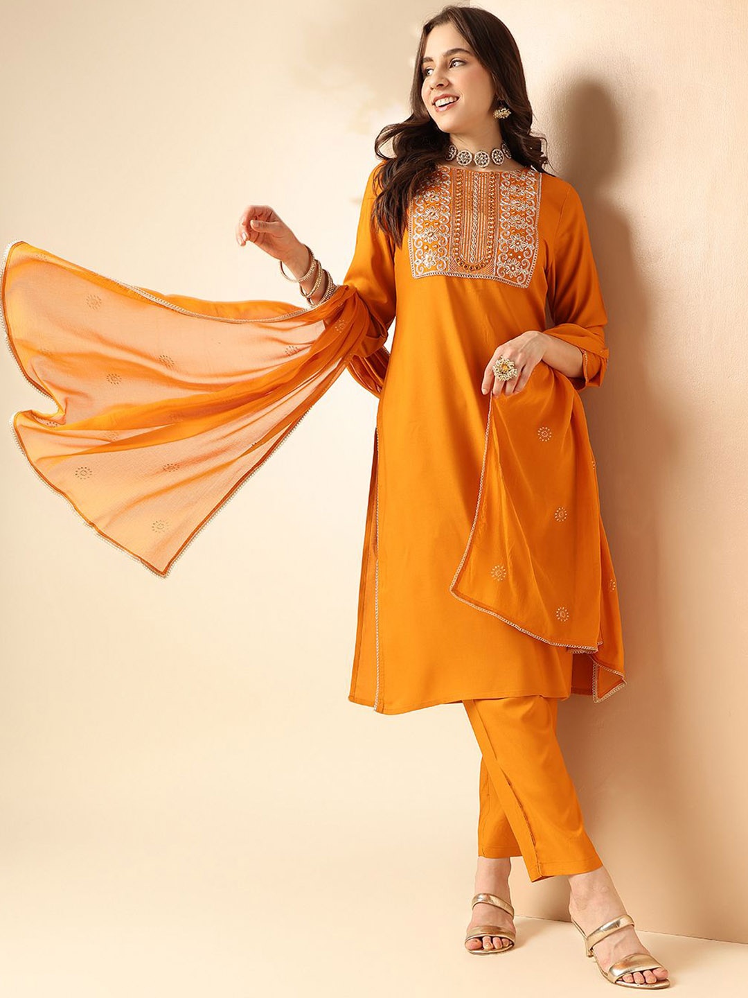 

Anouk Ethnic Motifs Embroidered Thread Work Kurta with Trousers & Dupatta, Yellow