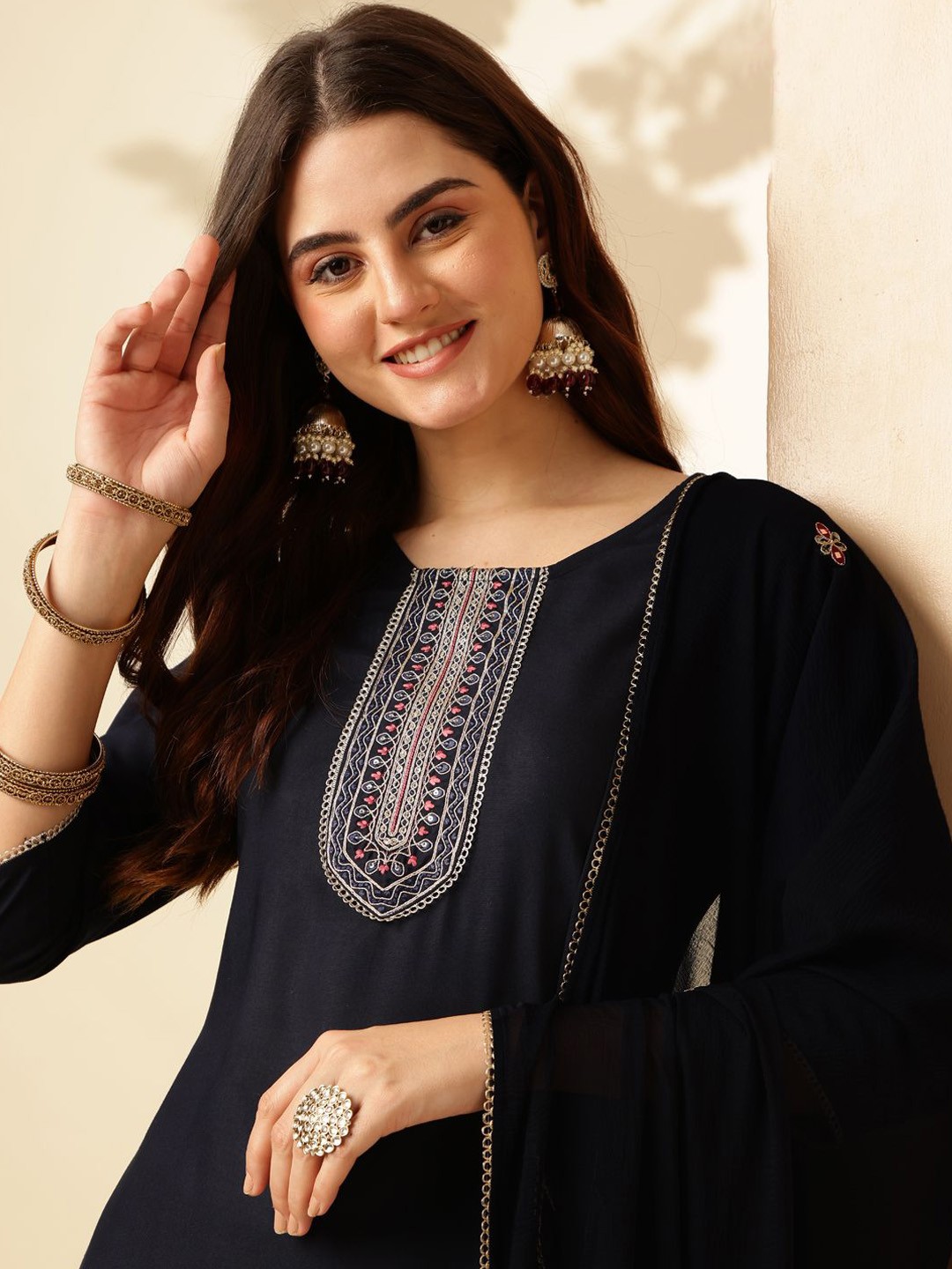 

Anouk Ethnic Motifs Yoke Design Thread Work Straight Kurta With Trousers & Dupatta, Navy blue