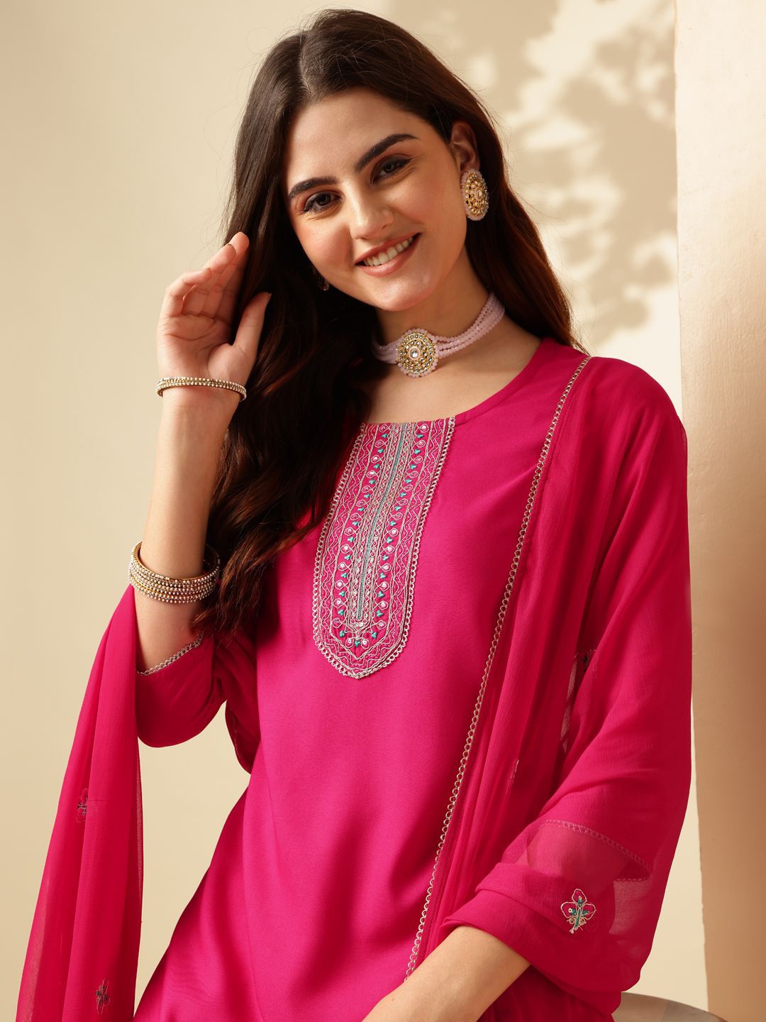 

Anouk Ethnic Motifs Yoke Design Thread Work Straight Kurta With Trousers & Dupatta, Fuchsia