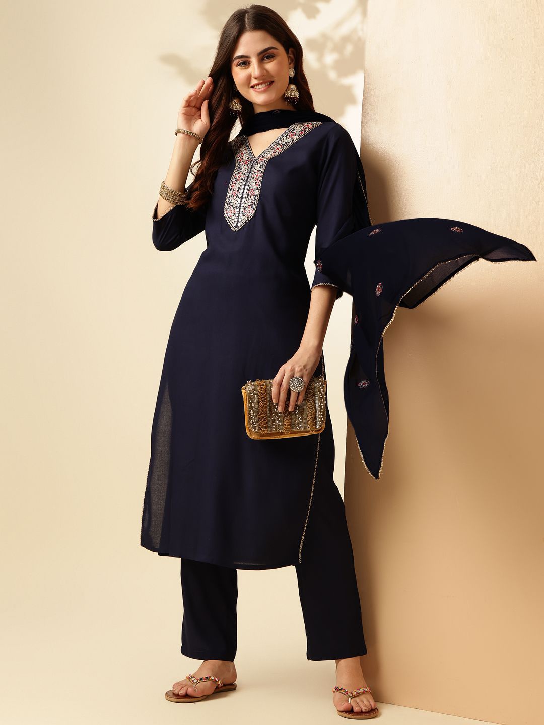 

Anouk Ethnic Motifs Yoke Design Sequinned Straight Kurta With Trousers & Dupatta, Navy blue