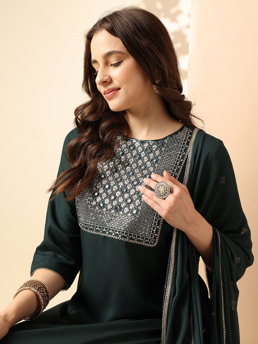 

Anouk Floral Yoke Design Mirror Work Straight Kurta & Trousers With Dupatta, Green