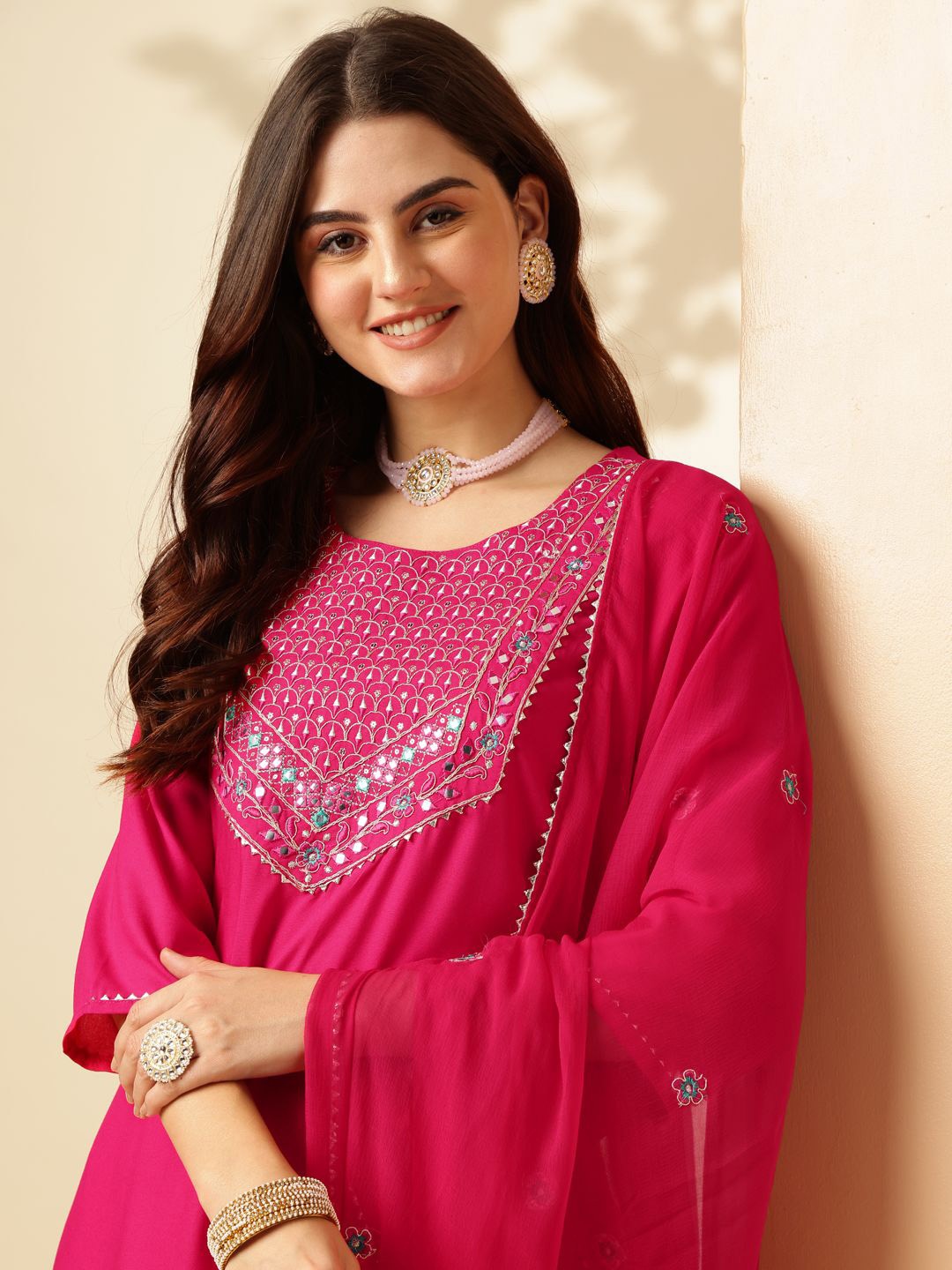 

Anouk Fuchsia Ethnic Motifs Yoke Design Sequinned Straight Kurta With Trousers & Dupatta