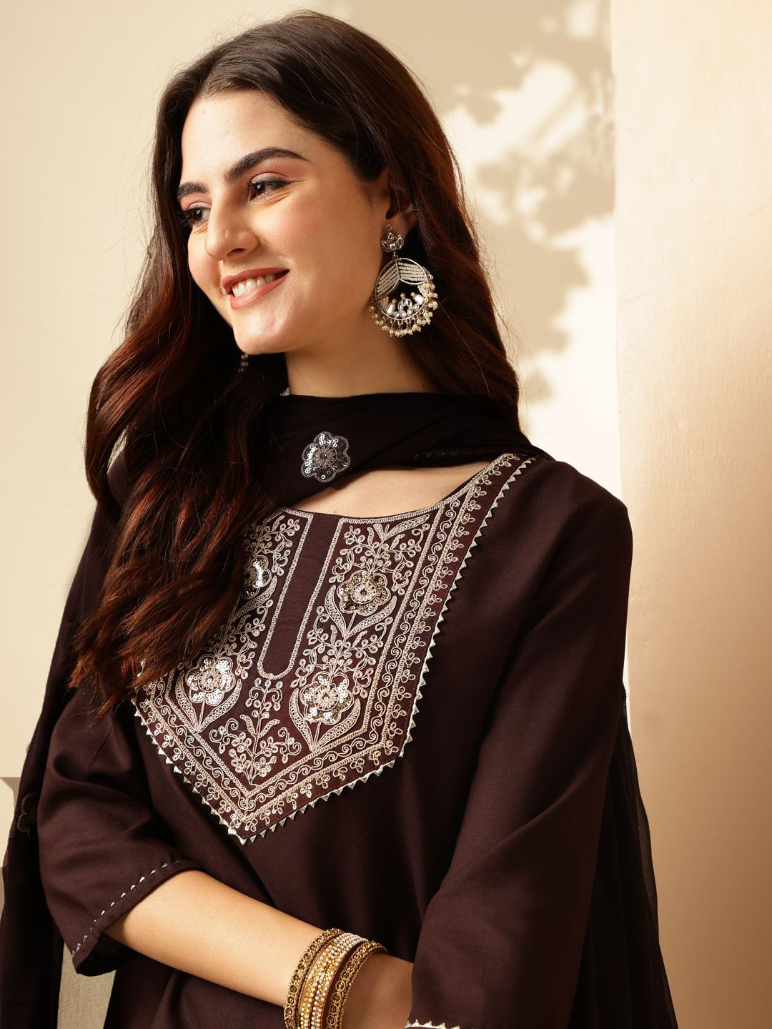 

Anouk Ethnic Motifs Yoke Design Thread Work Straight Kurta With Trousers & Dupatta, Brown