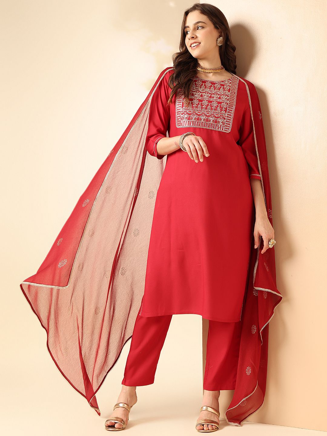 

Anouk Red Ethnic Motifs Yoke Design Thread Work Straight Kurta With Trousers & Dupatta