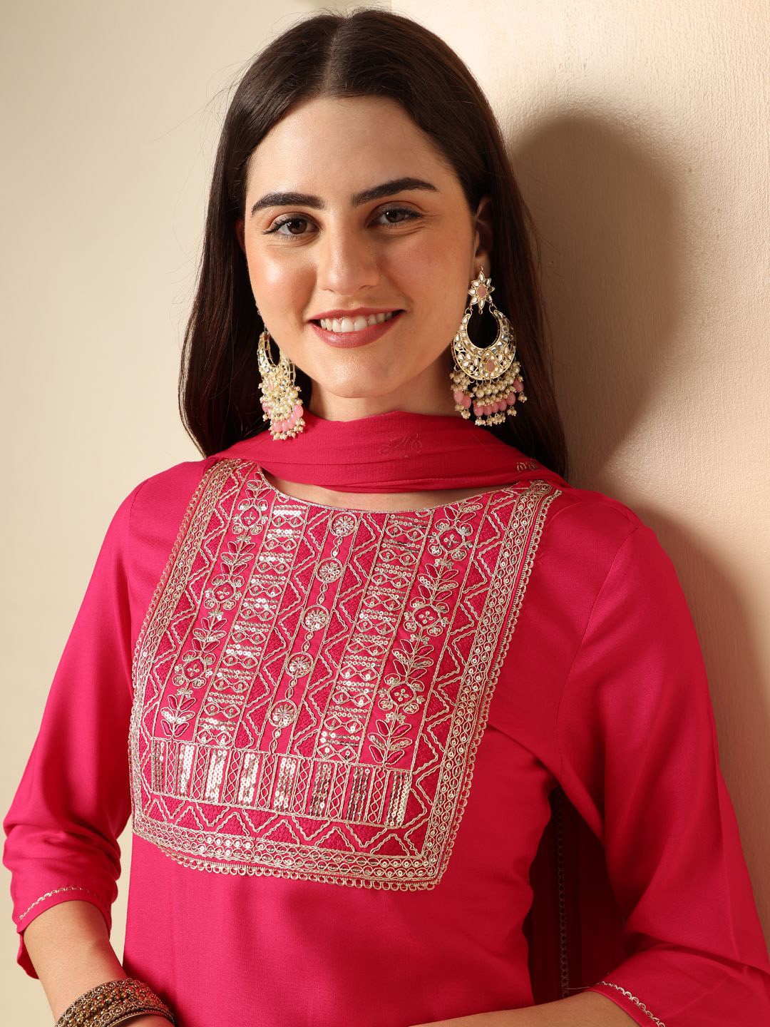 

Anouk Floral Yoke Design Sequinned Straight Kurta With Trousers & Dupatta, Fuchsia