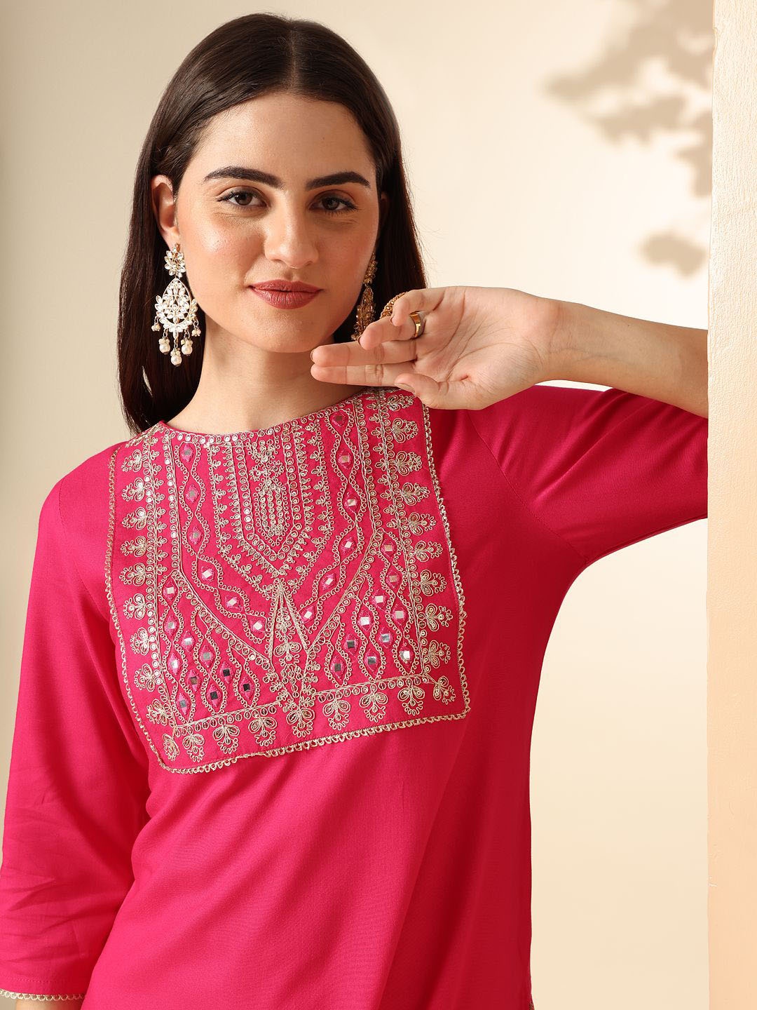 

Anouk Ethnic Motifs Yoke Design Mirror Work Straight Kurta & Trousers With Dupatta, Fuchsia