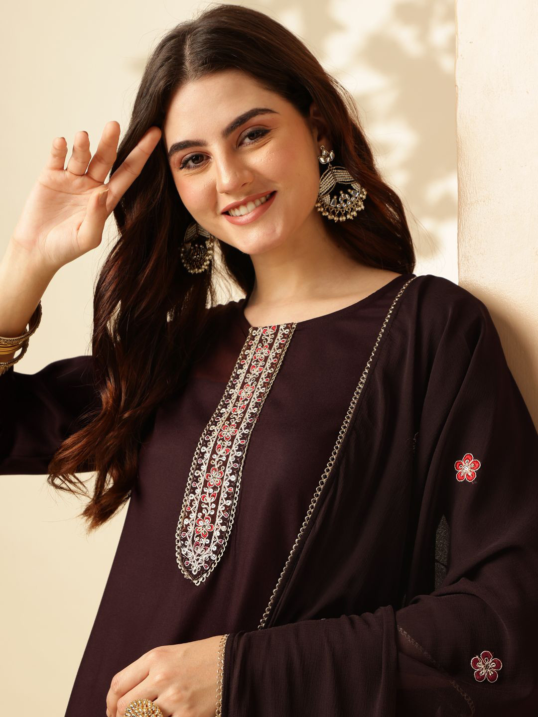 

Anouk Ethnic Motifs Yoke Design Thread Work Straight Kurta With Trousers & Dupatta, Brown