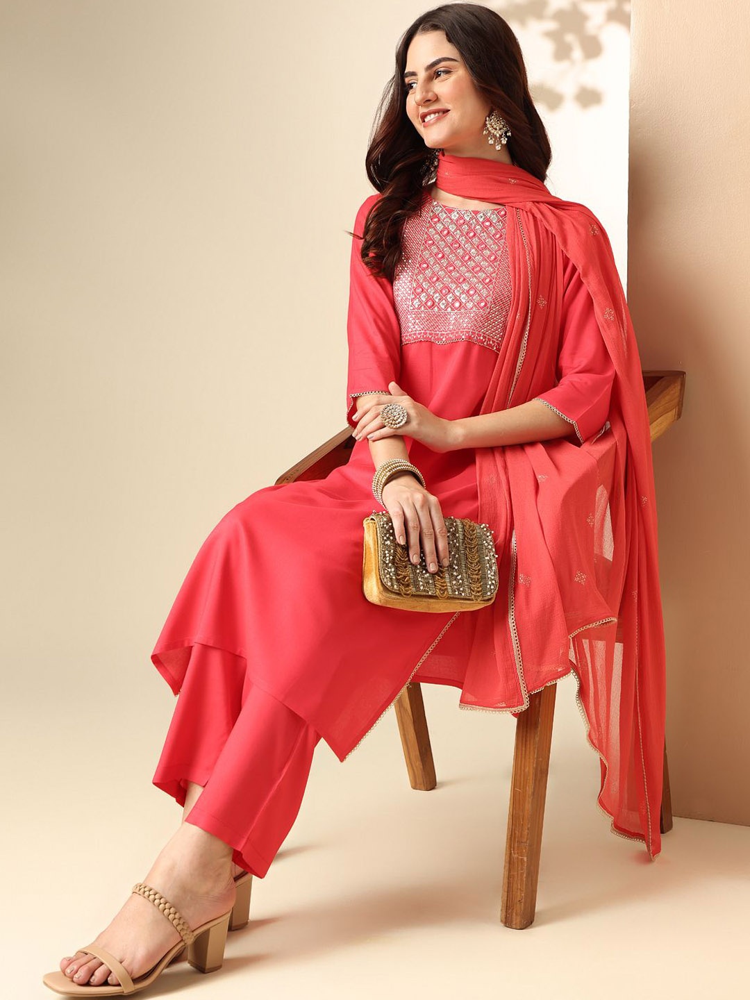 

Anouk Ethnic Motifs Yoke Design Mirror Work Straight Kurta & Trousers With Dupatta, Coral