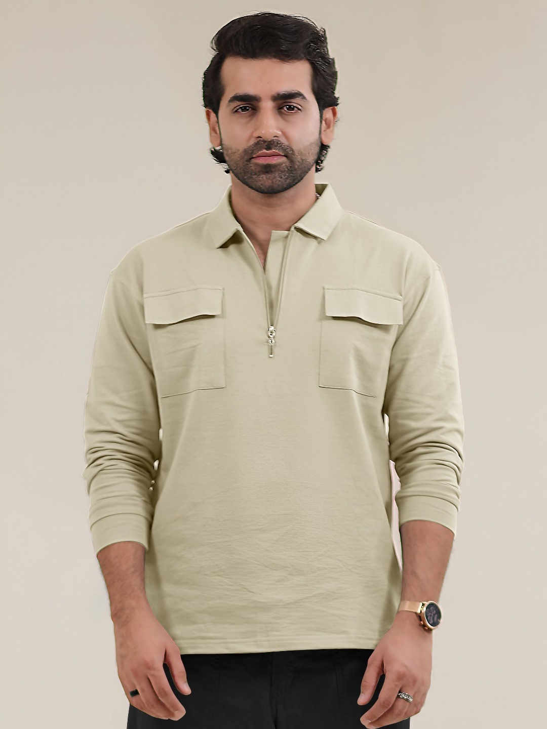 

Maniac Men Polo Collar Pockets T-shirt, Beige