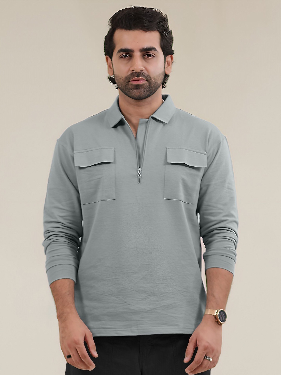 Maniac Men Polo Collar Pockets T-shirt, Grey